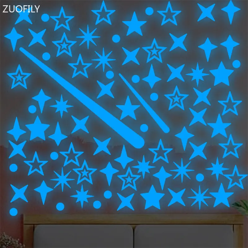 Blue Luminous Dots Moon Shooting Star Wall Stickers for Children's Room Bedroom Home Decor Fluorescent Glow in the dark Decals