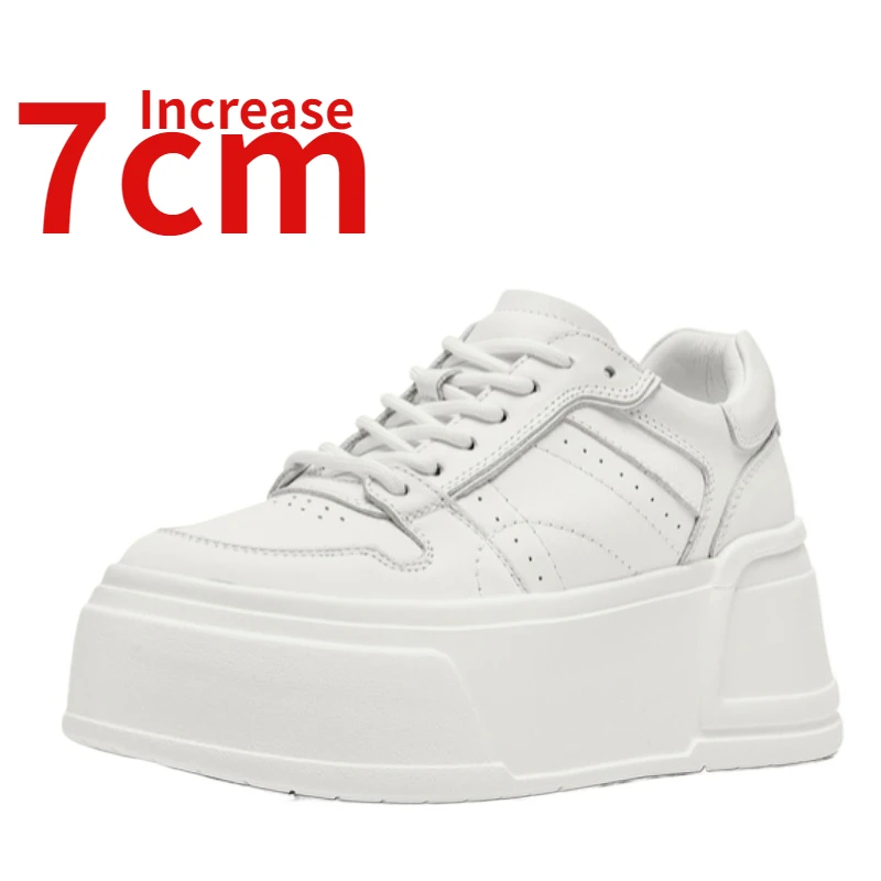

Genuine Leather Thick Bottom Shoes for Women Height Increase 7cm Comfort Breathable Skateboard Sneakers White Casual Sports Shoe