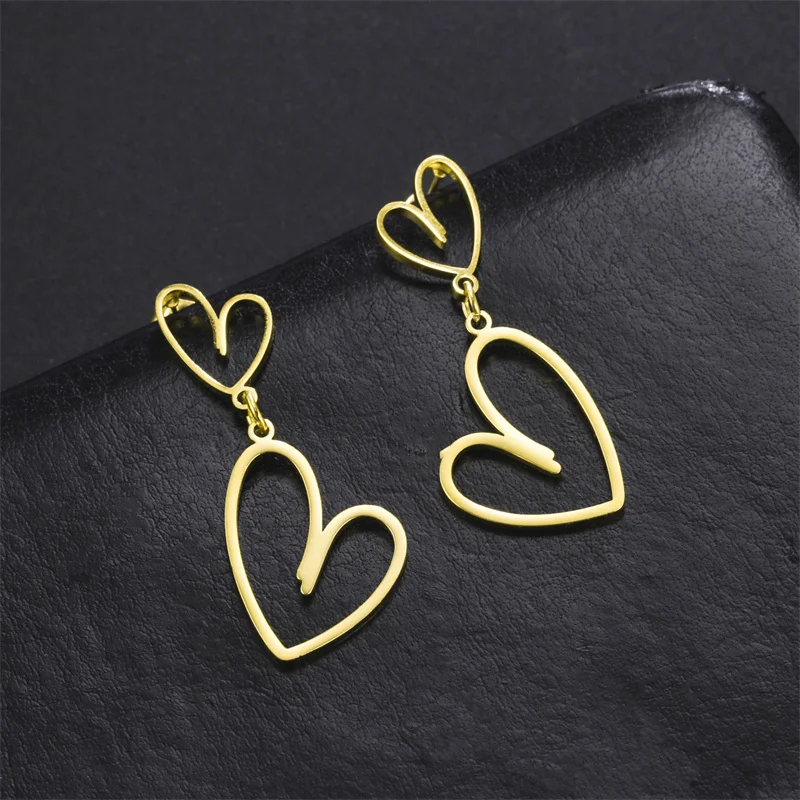 Zwei Herzen Edelstahl Creolen Für Frauen Mode Gold farbe Süße Einfache Herz Baumeln Stud Ohrring Trend Schmuck Geschenk