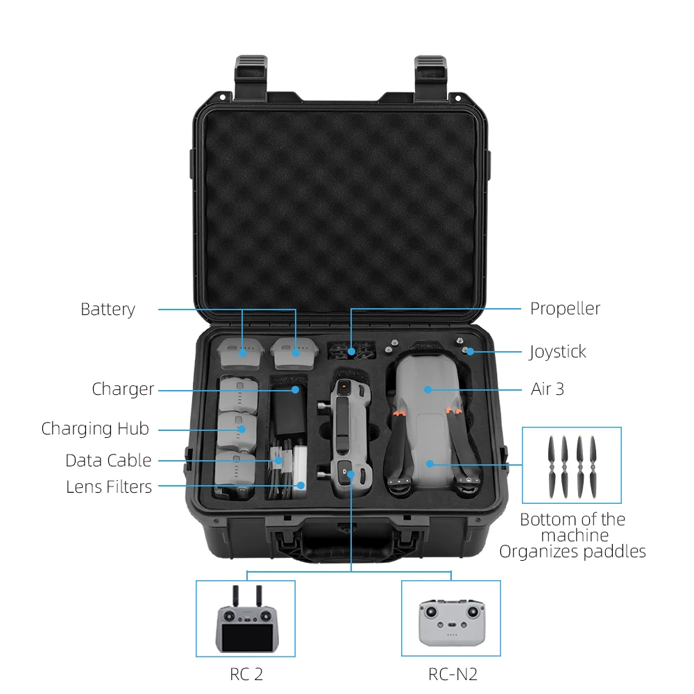 Valise de transport pour drone DJI ouverte, montrant le drone installé dans la mousse protectrice