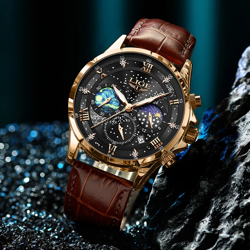 LIGE Sports Chronograph Wrist Watches For Men Waterproof Luminous Quartz Men Watch Fashion Leather 24 hour Moon Phase Watch Men