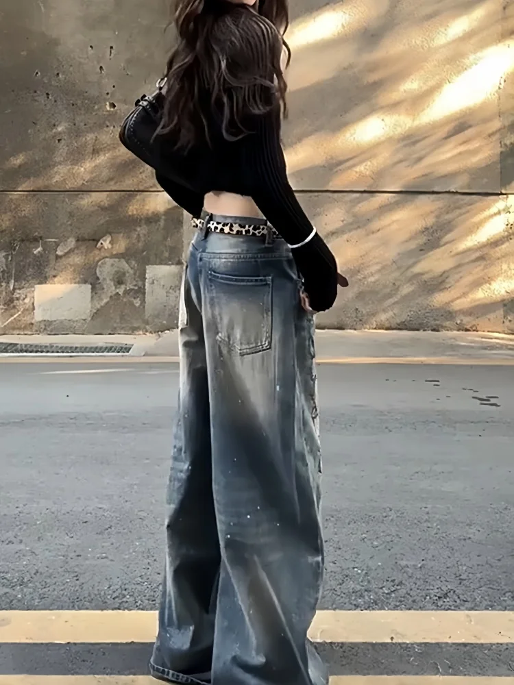 2025 Ropa Y2K Mode Vintage Blau Graffiti Gemalt Baggy Jeans Hosen Frauen Kleidung New Rock Gerade Alte Dame Denim Hosen – Detail 13