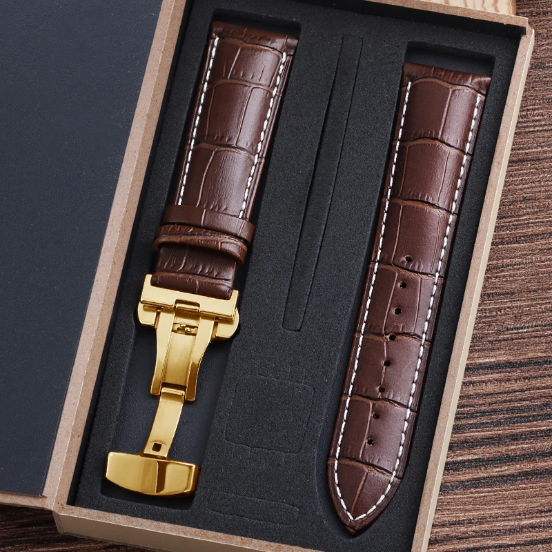 Luxury Genuine Cowhide Leather Watch Strap with Butterfly Clasp and Gift Box