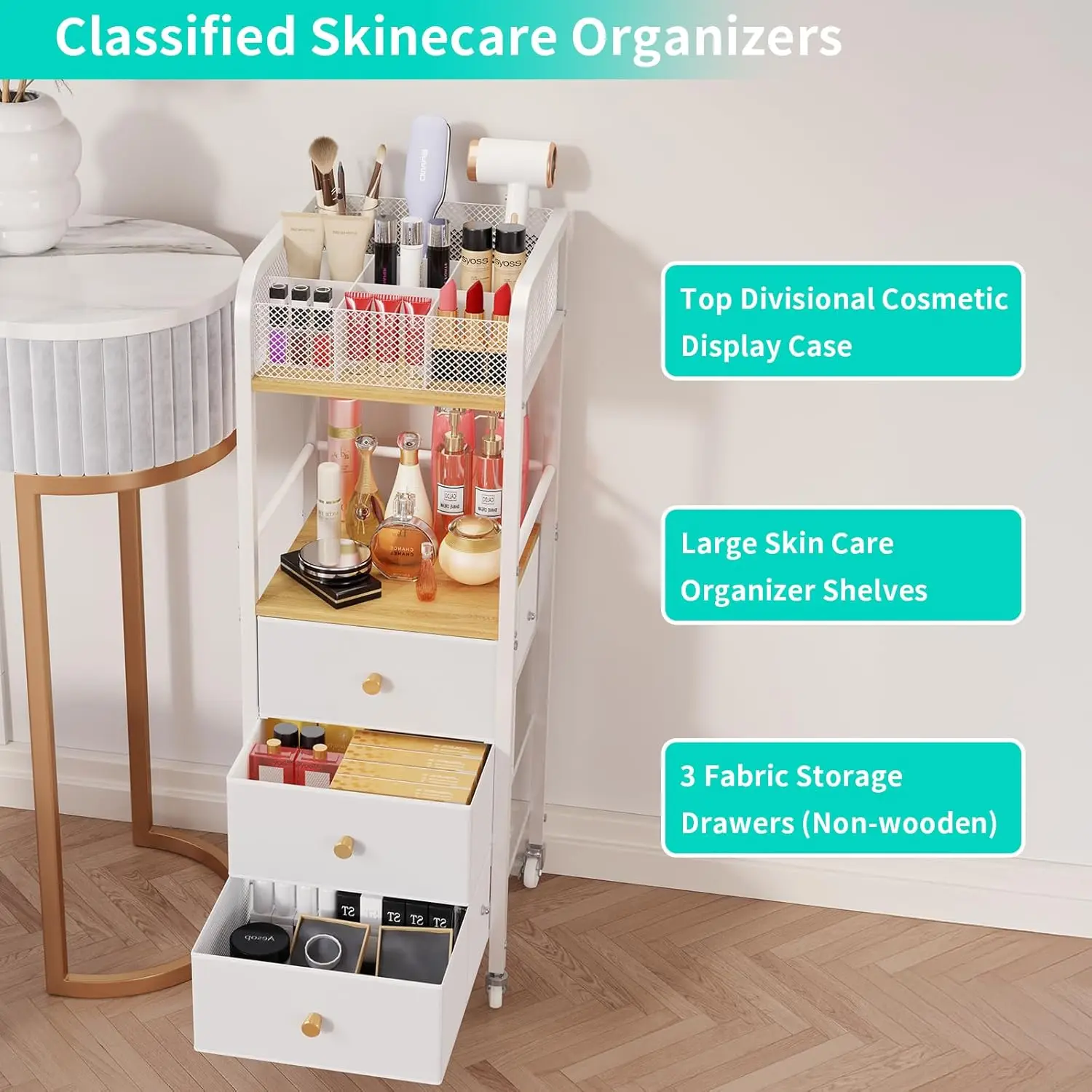 Rolling Makeup Cart Organizer - Floor Skincare Make Up Storage with 3 Drawers, Vanity Organizer Cosmetic Display Cases 3