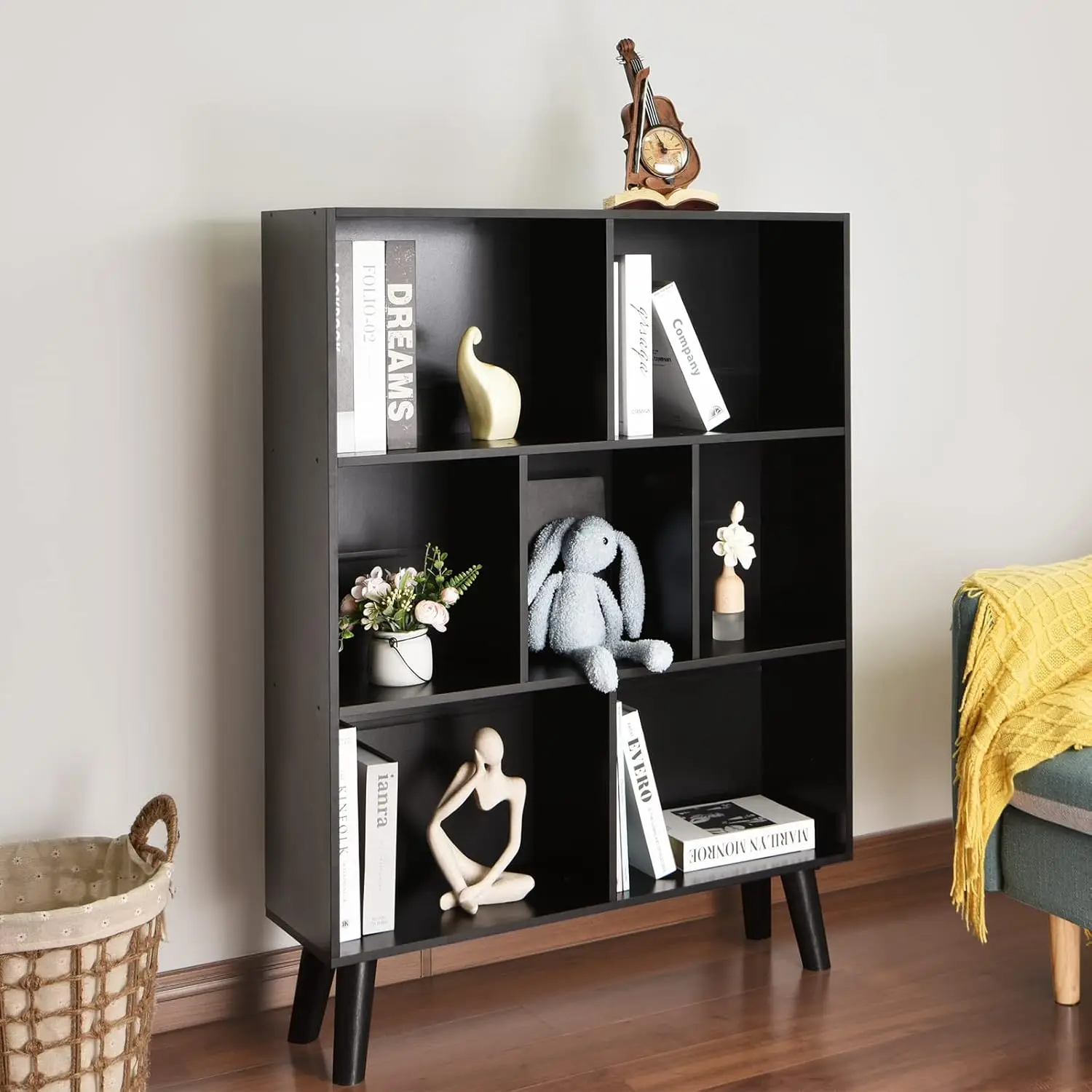 Black Bookshelf,3 Tier Modern Bookcase with Legs,Bookshelves Wood Storage Shelf, Open Book Shelves Cube Organizer 4