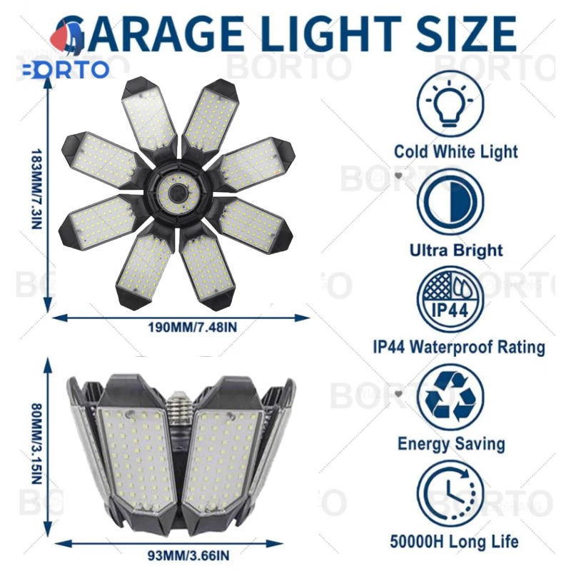 Ampoules LED réglables pour garage, Plafonnier déformable, Éclairage d'entrepôt, Atelier, Stockage, 6/8 panneaux, Inda, E26