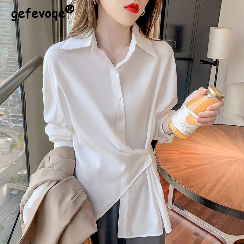 Elegant Chic Asymmetrical Sexy Sweet Shirts for Women Spring Autumn Korean Fashion Street Long Sleeve Blouse Top Female Blusas