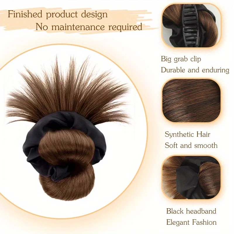 Women'S Synthetic Black Hairband Claw Clip Hair Bun Wig Hair Accessory for Updos Buns Ponytails Elegant Hair Clips for Weddings