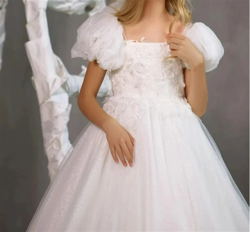 

White Tulle Fluffy Flower Girl Dress Glitter Applique short Sleeve Wedding Dress Child's First Eucharistic Birthday Party Wear
