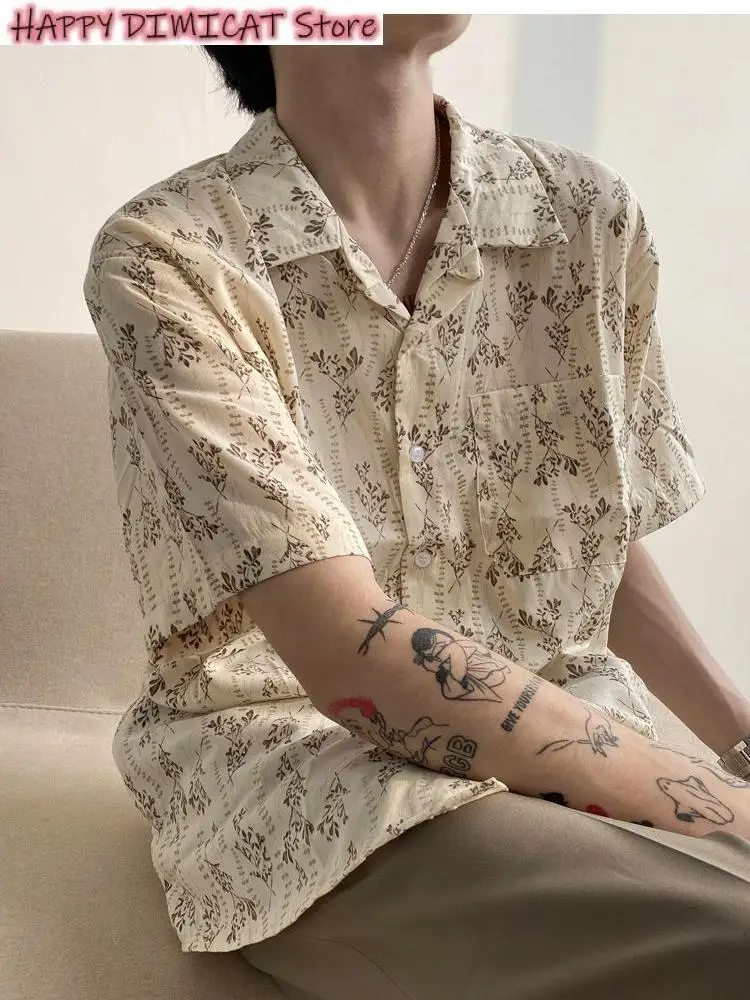 

Men's Casual Shirt Summer Vintage Short-sleeved Shirt Japan Retro Cuban Collar Floral Oversize Unisex Elegant Goth Top
