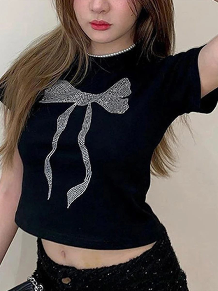 

Women Crop T-Shirts Bow Rhinestone Print Summer Short Sleeve Basic Tops Casual Pullovers for Streetwear