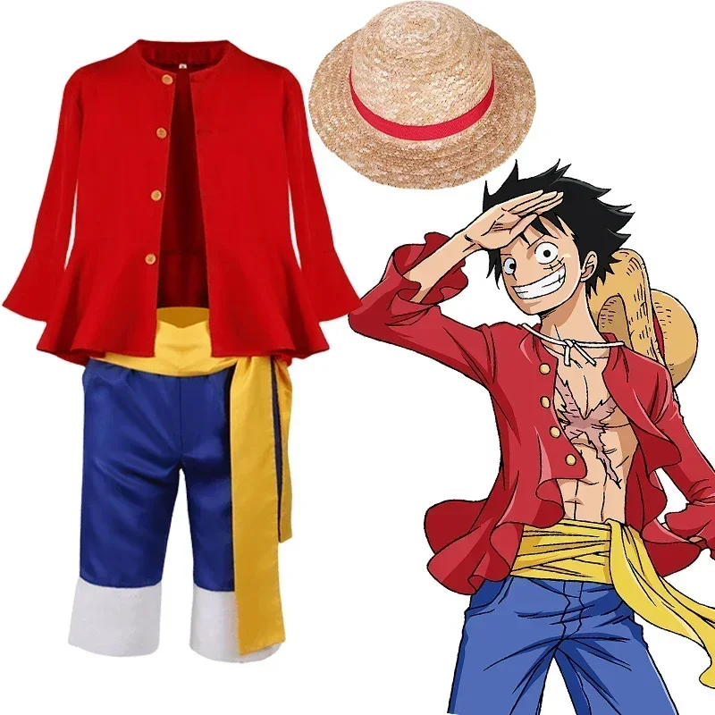 

Luffy Косплей Костюм Аниме Обезьяна D Luffy Косплей Униформа шапка Хэллоуин костюм для мужчин мальчиков детей