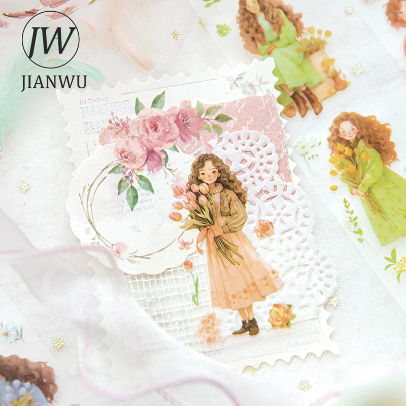 JIANWU 37.5mm * 200cm ragazza che tiene la serie di fiori Kawaii personaggio materiale Decor PET Tape creativo DIY Journal Collage cancelleria