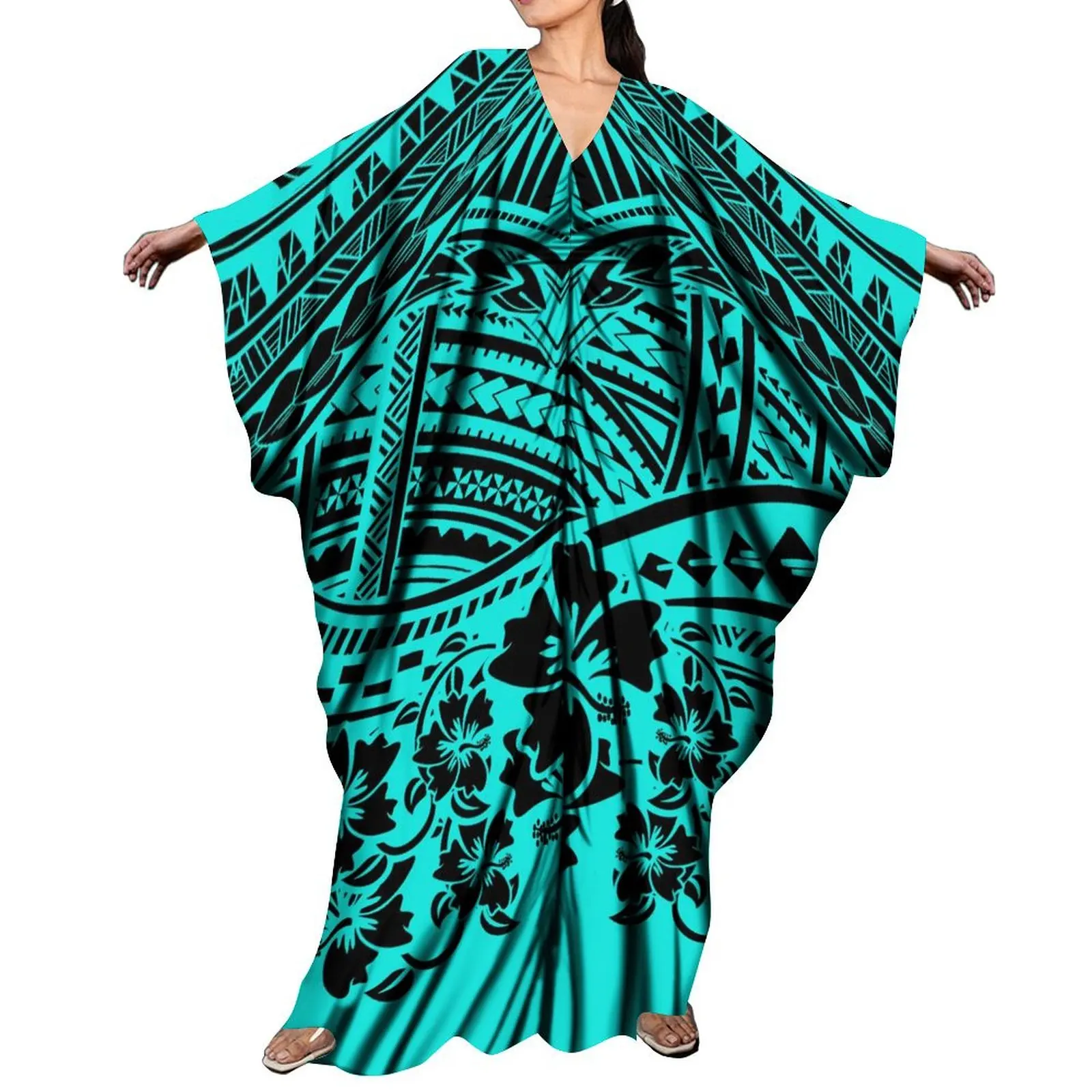 

New Design Polynesian Tribal Print Big People Ponchos Dress Vintage Ethnic Kaftan Dress Plus Size Women Casual Butterfly Dresses