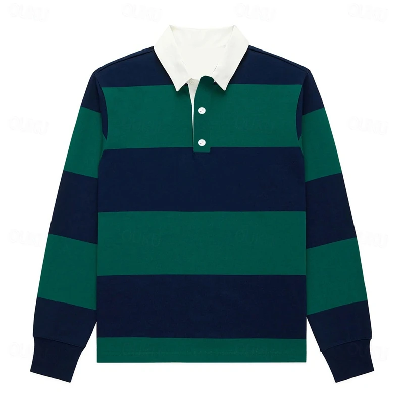 Polo da uomo a righe moda semplice casual autunno manica lunga polo da golf stampata in 3D top larghi e traspiranti con risvolto