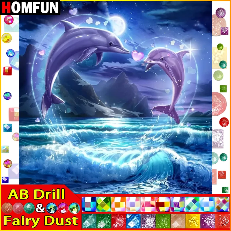 HOMFUN Fairy Dust AB Full Drill Diamond Painting Animal Dolphin DIY Picture Of Rhinestone 5D Diamond Embroidery Decor diamond painting,diamond art painting kit