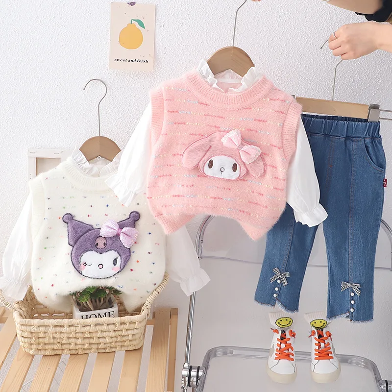

Girls Clothes Sets Spring Autumn 2024 Children Knitted Vest Shirts Jeans 3pcs Cute Suit For Baby Tracksuits Kids Outfits 5 Years