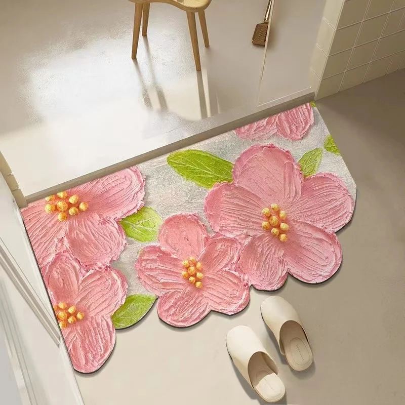 Soft Diatomite Mat Ins Flower Diatomaceous Earth Bath Mats Non-slip Bathroom Tub Carpet Quick Dry Women Room Door Rug Absorbent