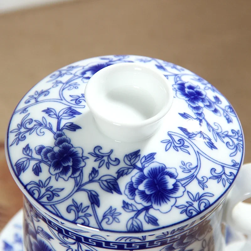 Retro Chinese Blue White Porcelain Tea Cup Set with Saucer Lid Infuser 260ml Ceramic Teacup with Tea Filter teapot cup set