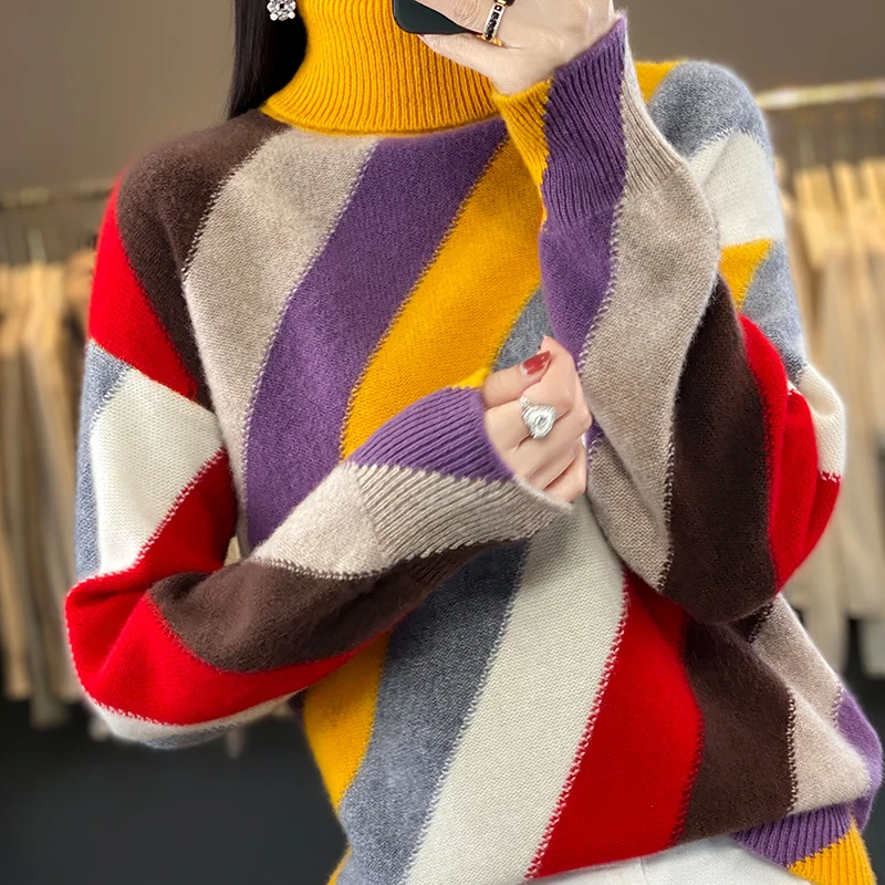 

Fall/Winter 2023 New Women's High Collar 100% Merino Sweater Knitted Thickened Pullover Color Matching M-8155