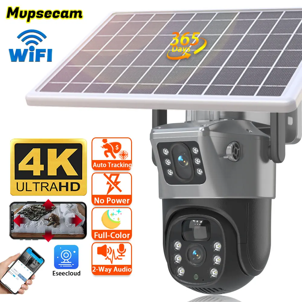 4K WiFi Solar Camera Outdoor PTZ IP Camera With Solar Panel Recharge Battery 8MP CCTV Video Surveillance Cameras Auto Tracking