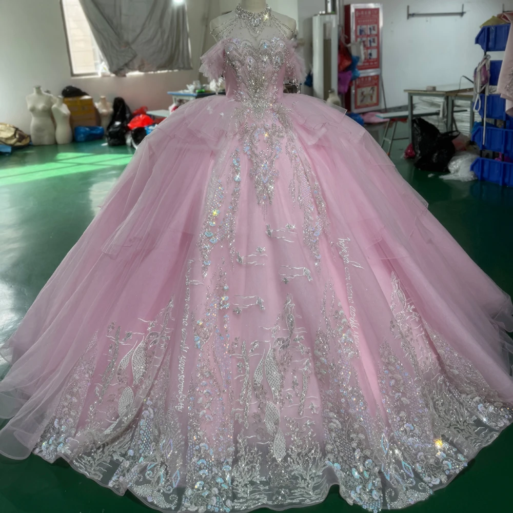chinese dress ladies Tulle Quinceanera Dresses Ball Gown Sequins Beaded Off The Shoulder –  Lisposa main image 0
