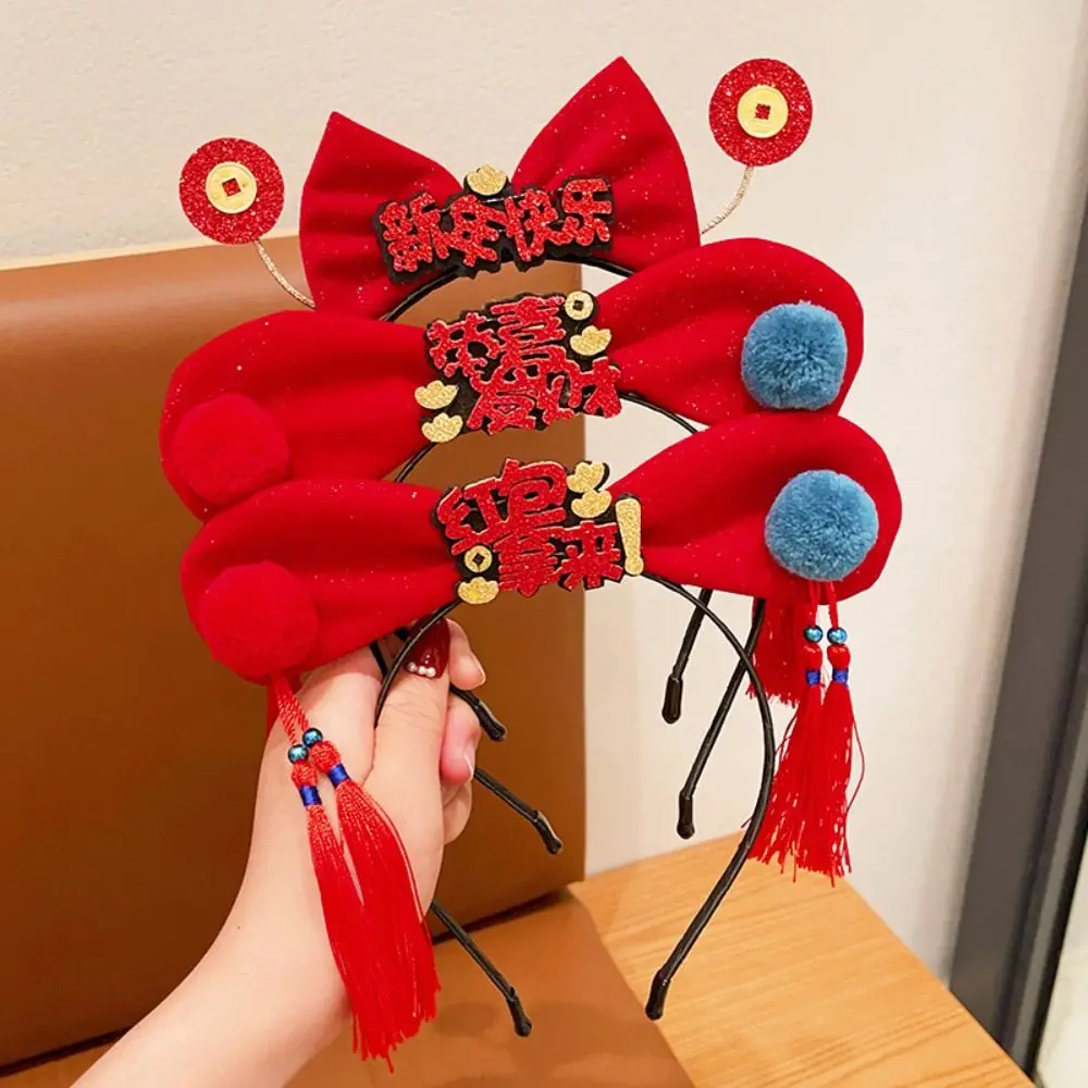 

Детский парик с кисточками, повязка на голову, милая оплетка, искусственный красный бант, повязка на голову, плюшевый головной убор в старинном стиле Hanfu, детский головной убор
