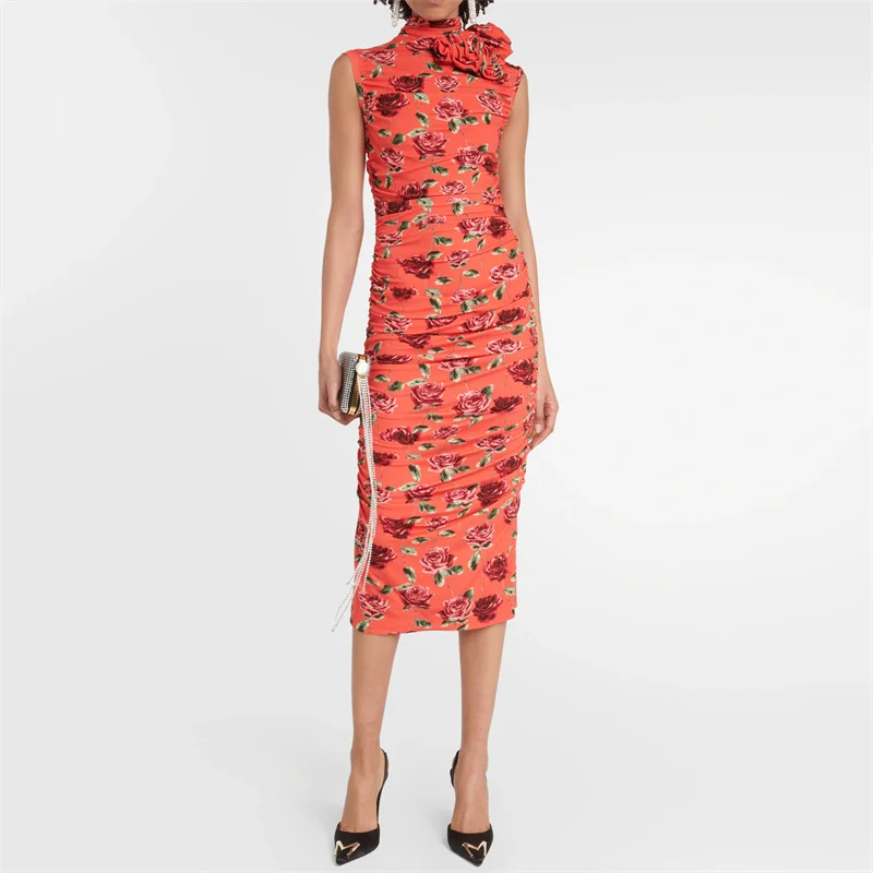 

Womens Dresses 2023 Summer Korean Three-dimensional Decal Pleated Wrap Hip Skirt Sexy Slim Fit Half High Collar Sleeveless Top