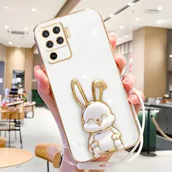 Plating Rabbit Holder Lanyard Silicone Stand Case for Reno 5 Pro (TZSS White)