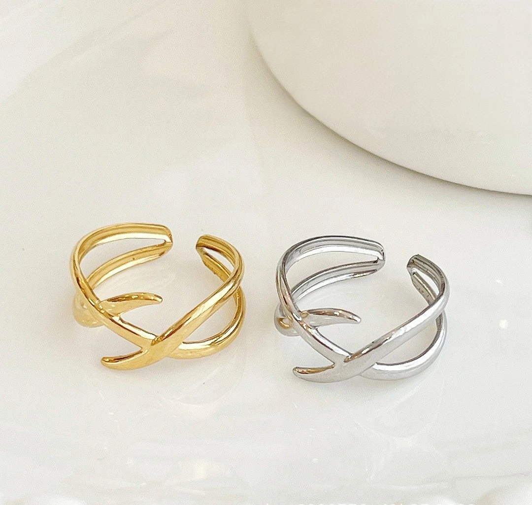 New stainless steel light luxury style Fishbone cross line ring adjustable mouth vintage vacuum electroplating ring for women 5