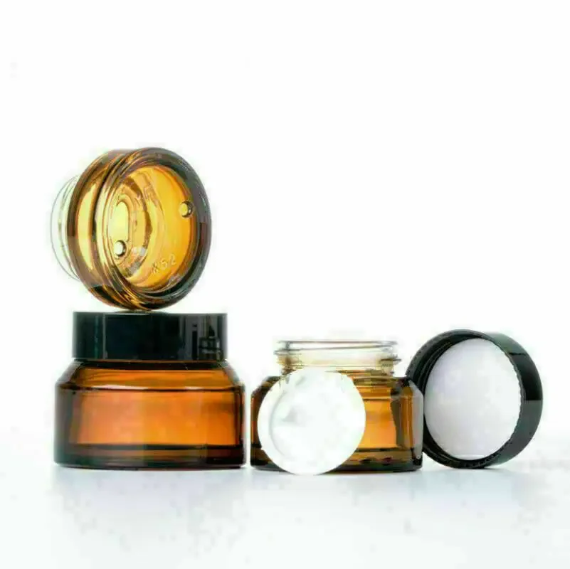 5Pack 15g 30g 50g Round Amber Glass Cosmetic Jars with Inner Liners and Black Lids Travel Jar Refillable Containers Makeup Cream 5