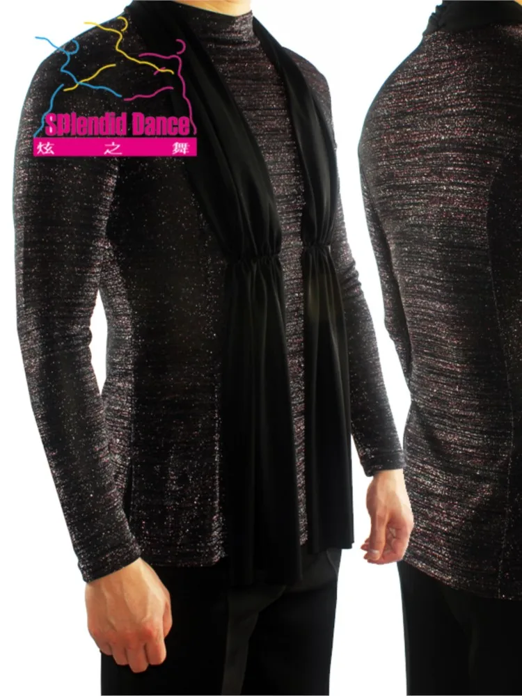 Dance Shirts Fantasia Latin Dance Tops Black Long Sleeve Stretch Shirt Men Ballroom Competitive