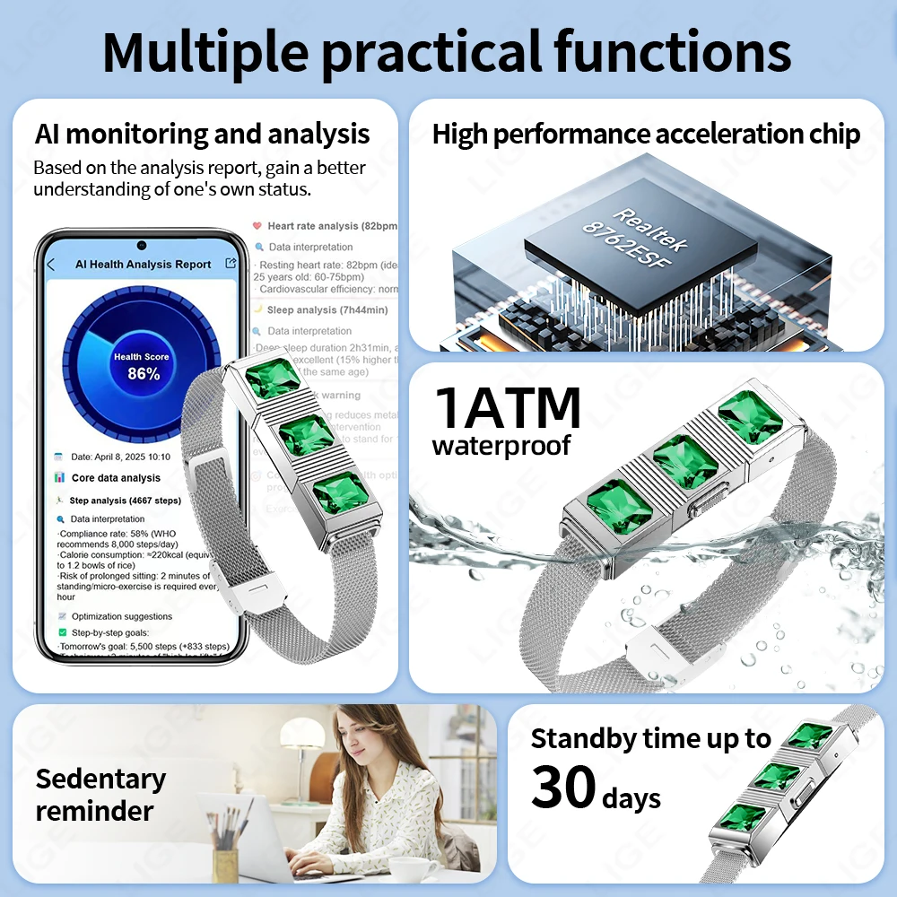 Fashion Rhinestone Smart Bracelet Health Tracker Sleep Heart Rate Monitor Sport Band Smart Watch 1ATM Waterproof For Android IOS