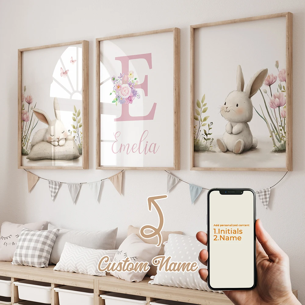 3pcs Personalized Custom Name Cartoon Child pink rabbit Wall Art Print Picture Canvas Poster Painting For Living Room Home Decor 3