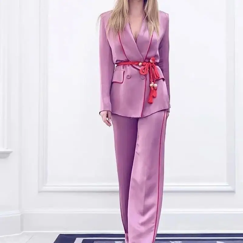 

Pink Jacket Pants Women Suits Sets Luxury Brand Blazer Trousers Ladies 2Piece Shiny Satin Shawl Collar With Belt Double breasted