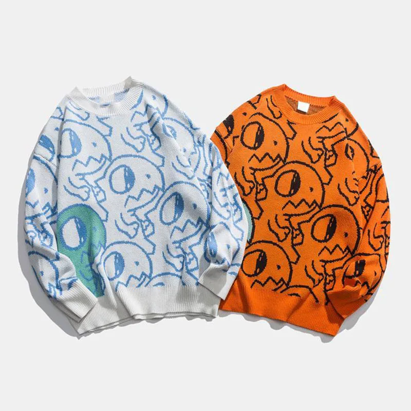 

Harajuku casual dinosaur cartoon knitted sweater for men and women in autumn and winter Y2k street loose round neck pullover