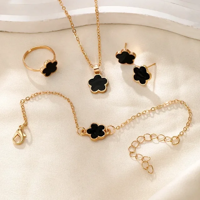 Four-piece Set Jewelry for Woman Lucky Five-petal Flower Clover Earrings Necklace Ring Bracelet