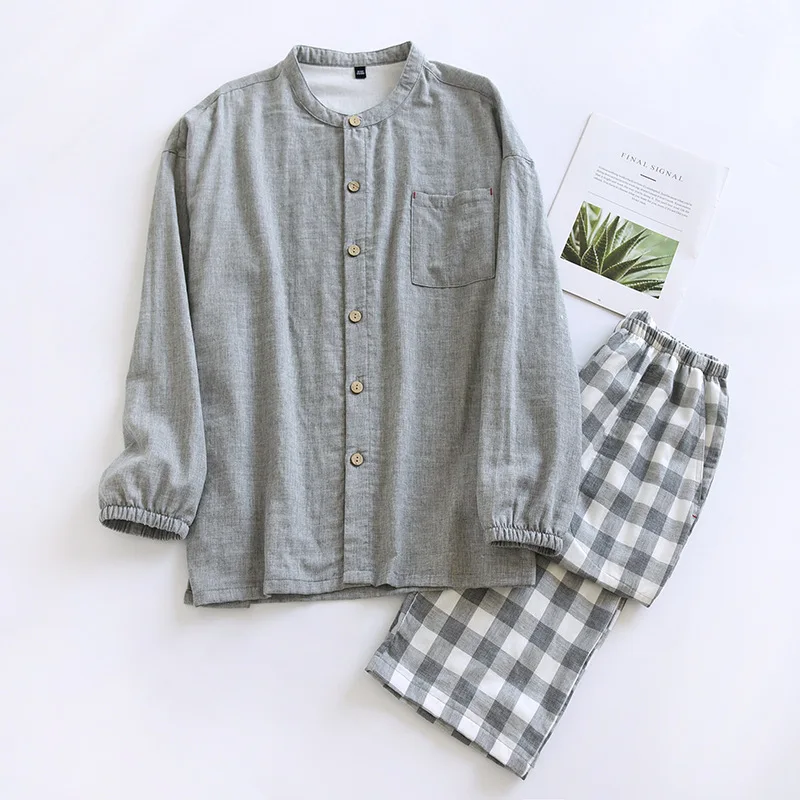 2024 new spring and autumn men s pajama set long sleeve long pants two piece set 100% cotton cardigan large home furnishing 2024 New Japanese Spring and Autumn Men's Pajama Set 100%Cotton Plaid Long Sleeve Pants Home Suit Two Piece Cardigan Set for Men