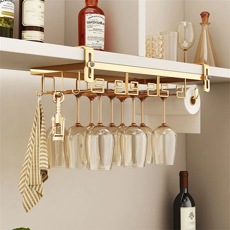 Adjustable Wine Glass Rack Under Cabinet Punch-Free Metal Holder Hanging  Glasses Storage Hanger Organizer for Shelf Kitchen Bar