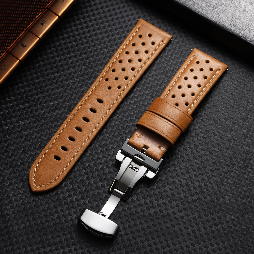 Elegant Cowhide Leather Strap with Butterfly Buckle - Soft & Breathable Business Men's Bracelet