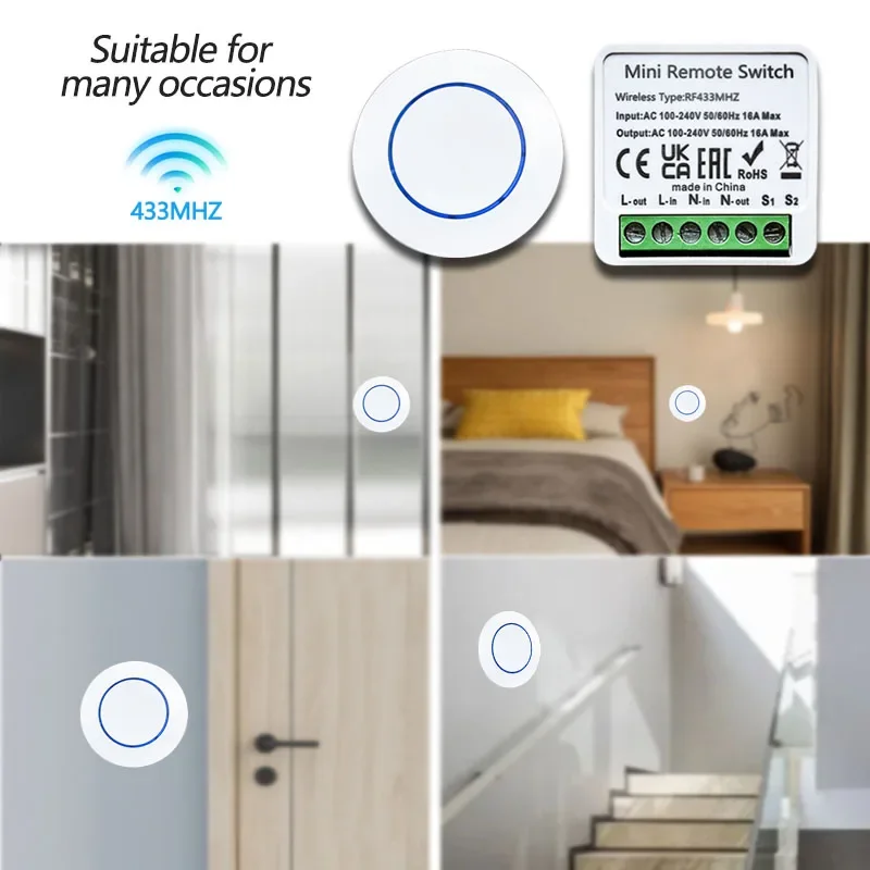 Light Switch Wireless Universal 433MHz Remote Control Switch 10A Relay Receiver Module Transmitter for Smart Home LED Fan DIY