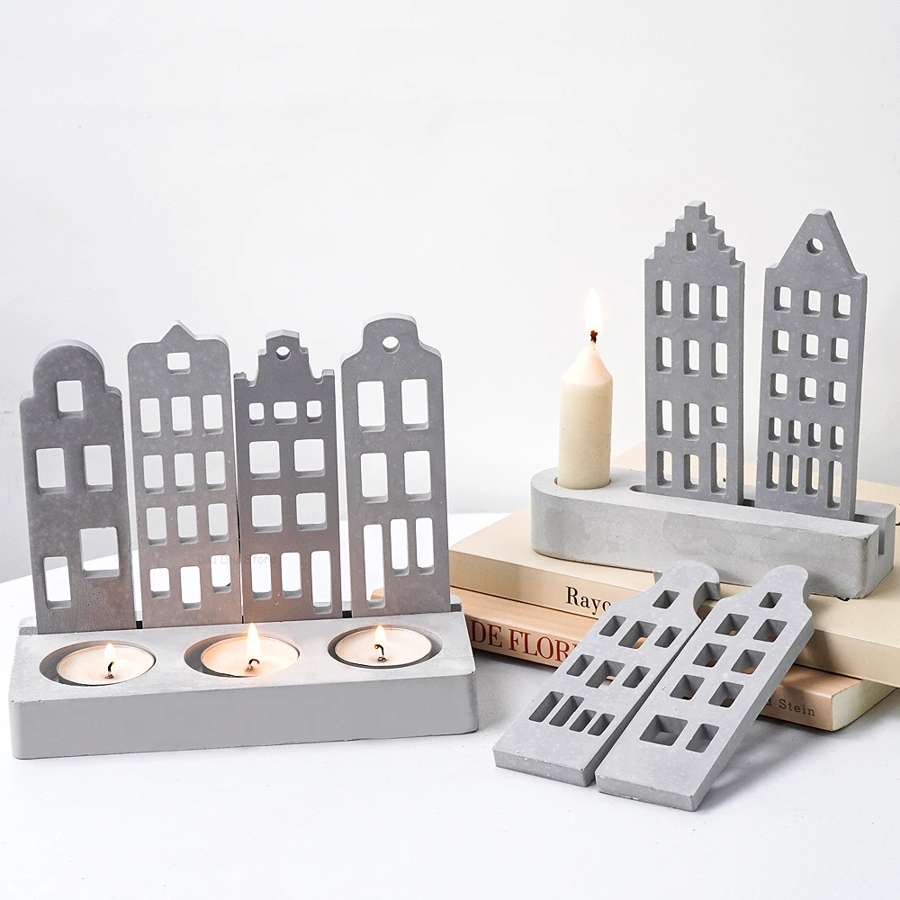 Multilayer House Candle Holder Silicone Mold DIY Window House  Candlestick Resin Crafts Molds Plaster Concrete Making Home Decor