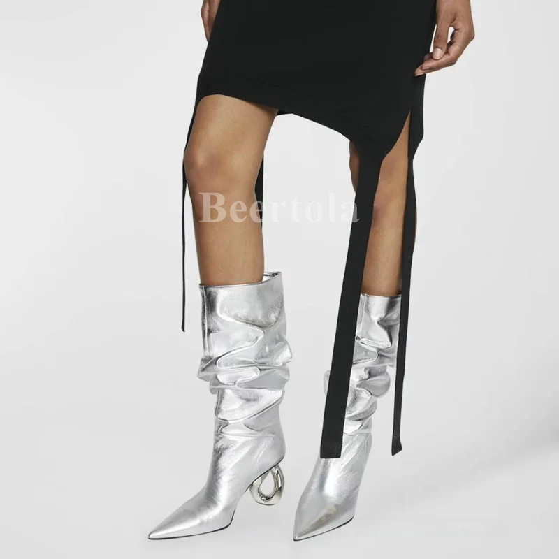 

Sliver Pleated Mid-Calf Boots Woman Metal Hollow Out Strange Heel Boots Pointed Toe Autumn Winter New Slip On Catwalk Show Shoes
