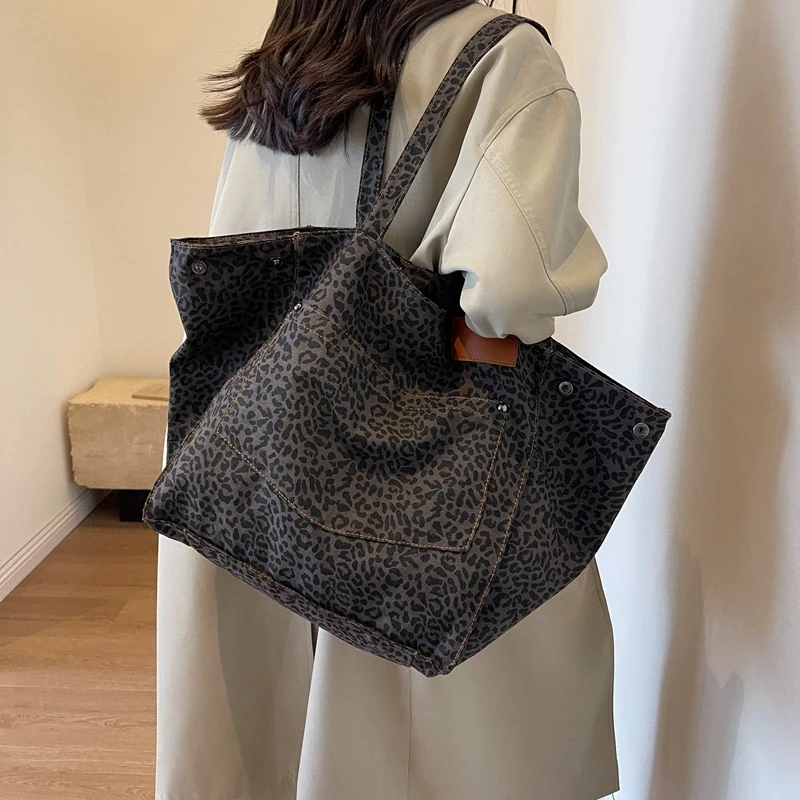 Oversized Leopard Print and Canvas Shoulder Bags