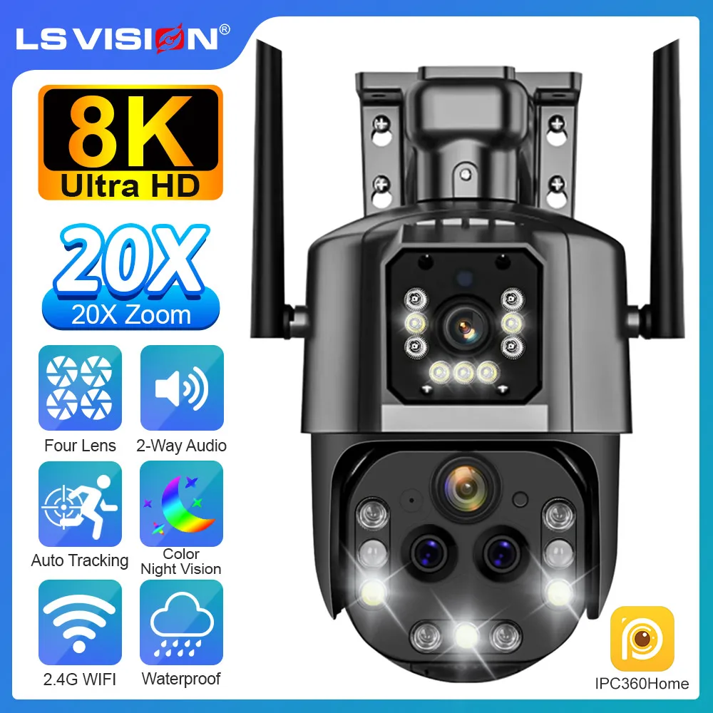 Камера видеонаблюдения LS VISION 8K с Wi-Fi, уличная PTZ-камера с 20-кратным зумом, 4K и четырьмя объективами, с двойным экраном, с автоматическим отслеживанием