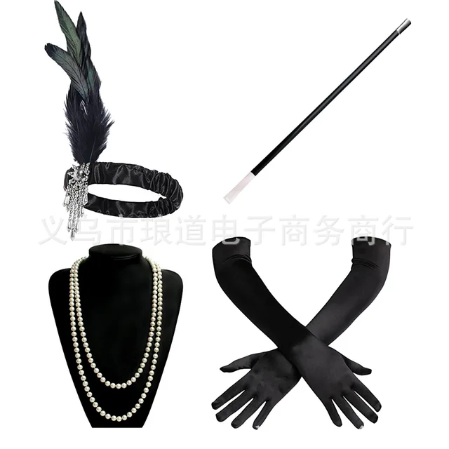 Set Accessori Anni '20 Per Donne | Collana Perle, Orecchini, Tiara, Occhiali, Guanti, Portasigarette - Foto 2