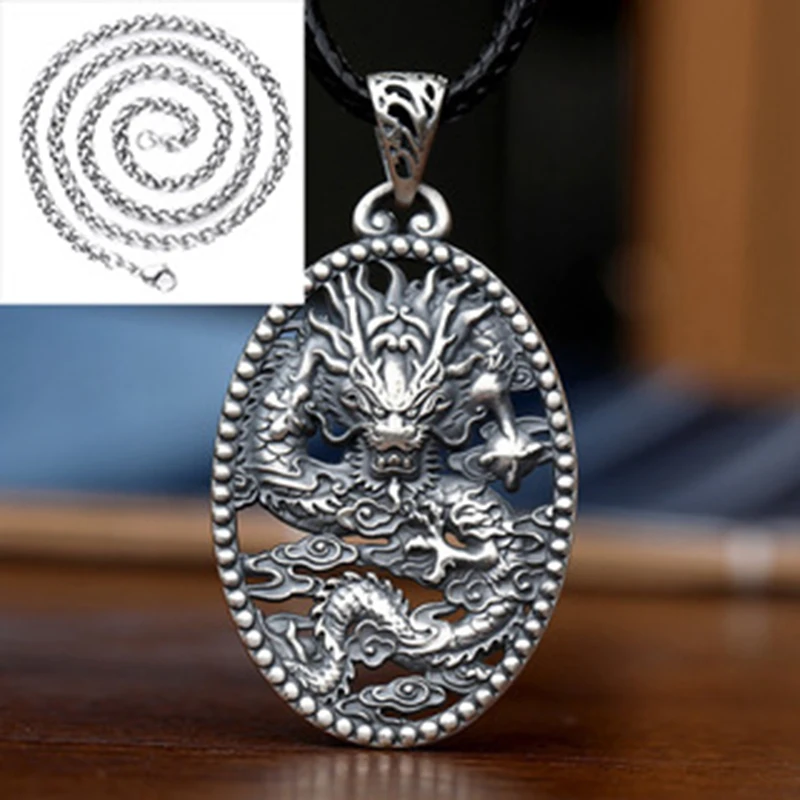 925 Thai Silver Masculine and Dominant Nine Dragon Pendant Vintage Wind Xiangyun Dragon Classic Round Men's Necklace Jewelry