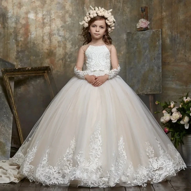 

Long Illusion Sleeve Flower Girl Dress for Wedding Appliques Lace Princess First Communion Gown Ball Gown Tulle Christmas Gown