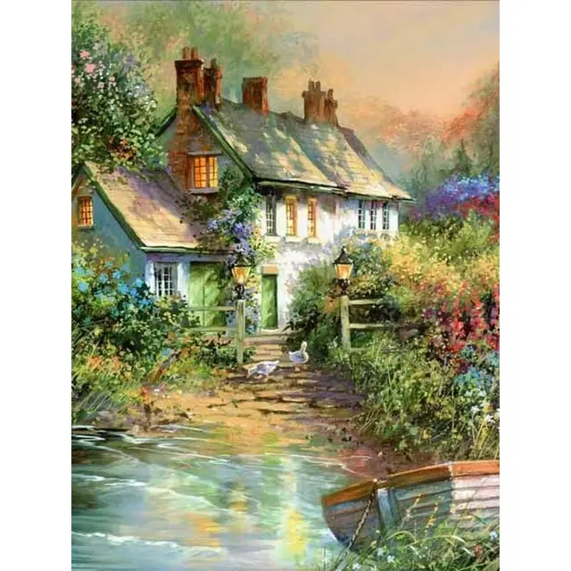 Riverside Country Cottage Landscape Painting By Numbers Kit Hobby Paint