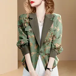Korean Fashion Printed Blazers Vintage Spring Autumn Single Button Female Clothing Pockets Spliced Casual Tailored Collar Suits